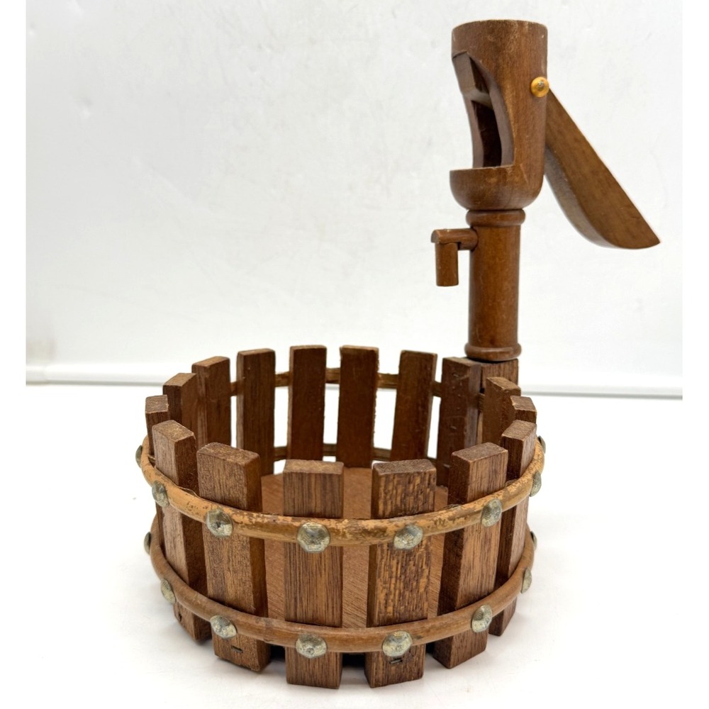Vintage Wooden Water Pump Bucket Planter Caddy Rustic Primitive Barrel Basket